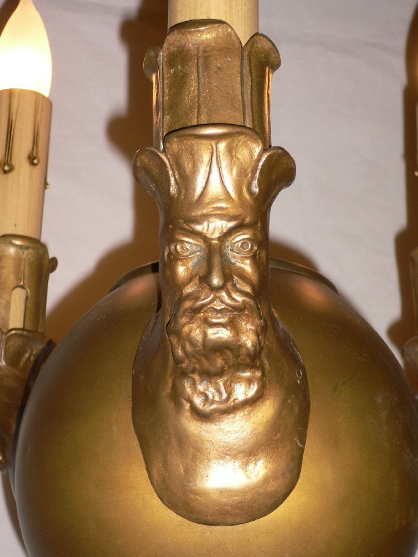 SOLD Rare Antique Figural Brass Chandelier, Addorsed Men’s Heads-12562