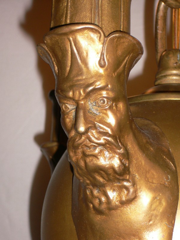 SOLD Rare Antique Figural Brass Chandelier, Addorsed Men’s Heads-12563