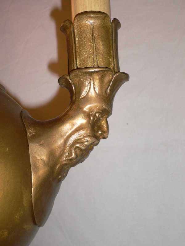 SOLD Rare Antique Figural Brass Chandelier, Addorsed Men’s Heads-12565