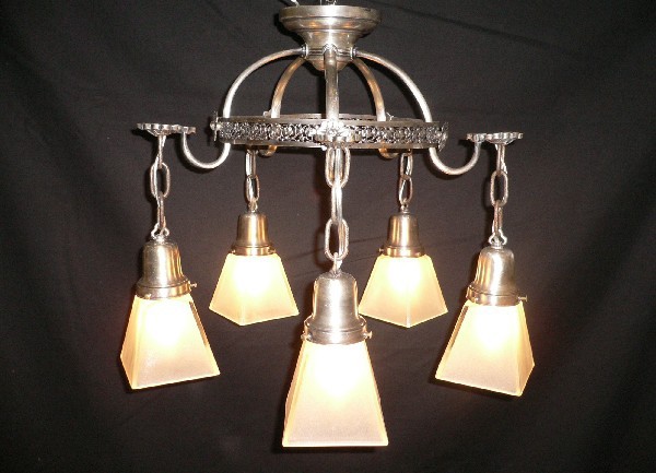 SOLD Adorable Antique Darkened Silver Plate and Glass Flush Mount Chandelier-0