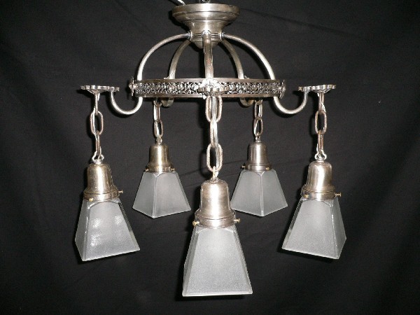 SOLD Adorable Antique Darkened Silver Plate and Glass Flush Mount Chandelier-12585