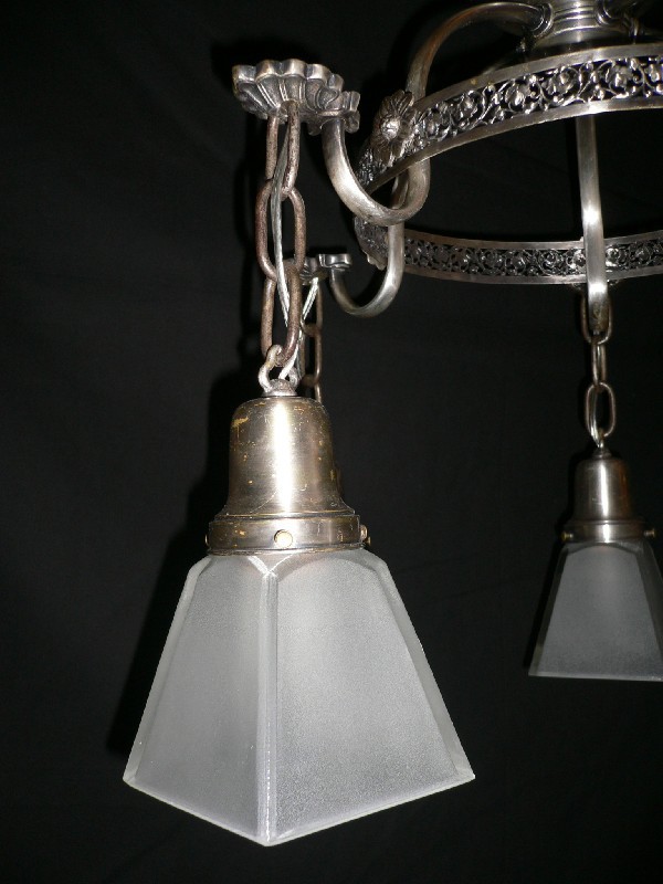 SOLD Adorable Antique Darkened Silver Plate and Glass Flush Mount Chandelier-12589