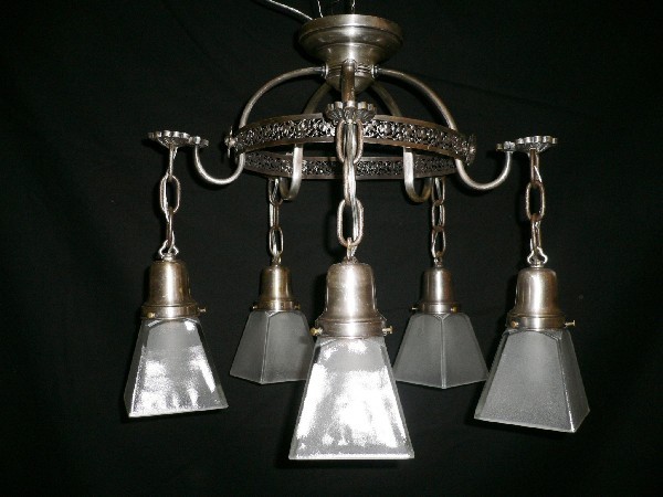 SOLD Adorable Antique Darkened Silver Plate and Glass Flush Mount Chandelier-12591