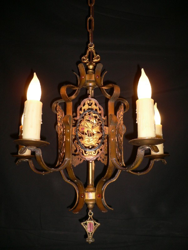 SOLD Beautiful Antique Nautical Iron Chandelier, Polychrome Finish-0