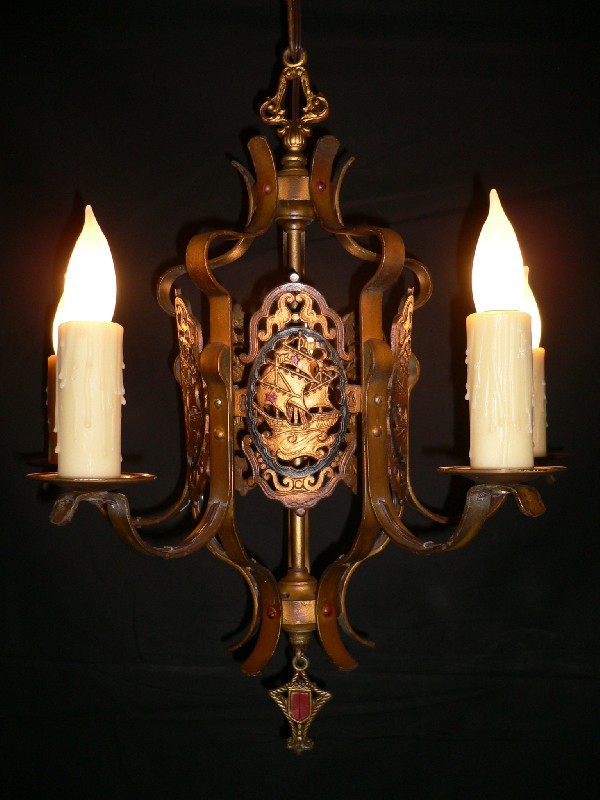 SOLD Beautiful Antique Nautical Iron Chandelier, Polychrome Finish-12605