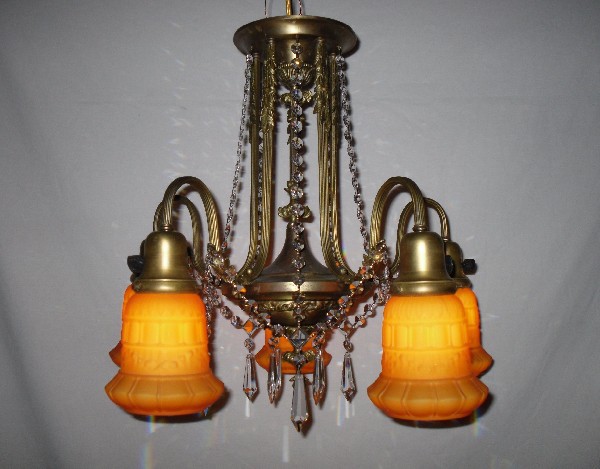 SOLD Neoclassical Semi-Flush Mount Antique Brass & Crystal Chandelier-0