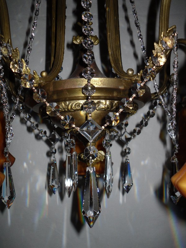 SOLD Neoclassical Semi-Flush Mount Antique Brass & Crystal Chandelier-12625
