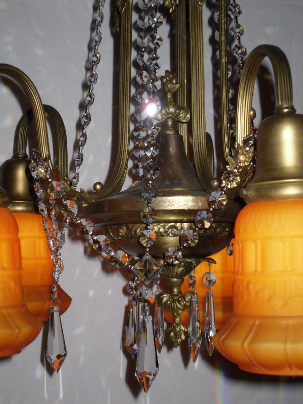 SOLD Neoclassical Semi-Flush Mount Antique Brass & Crystal Chandelier-12629