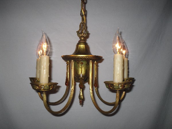 SOLD Adorable Antique Brass Chandelier, Polychrome Finish, Amber Prisms-0