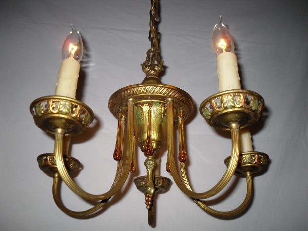 SOLD Adorable Antique Brass Chandelier, Polychrome Finish, Amber Prisms-12656