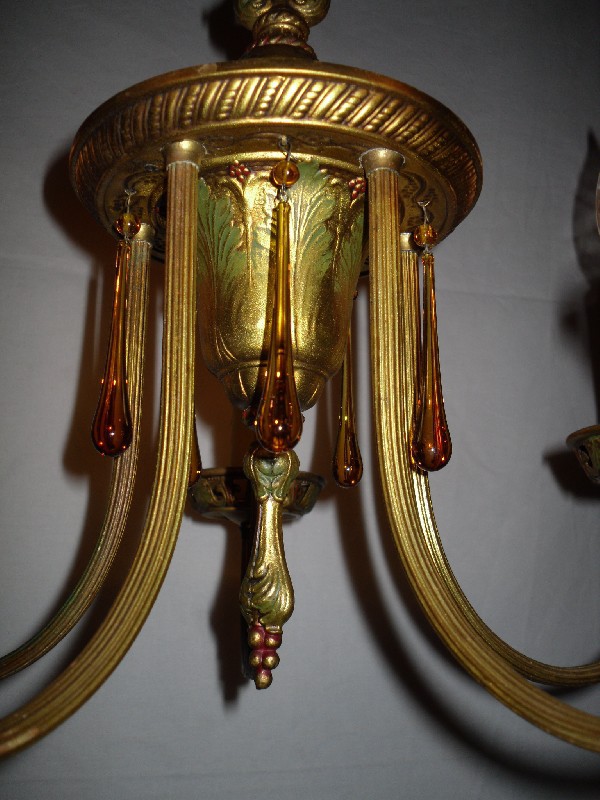 SOLD Adorable Antique Brass Chandelier, Polychrome Finish, Amber Prisms-12657