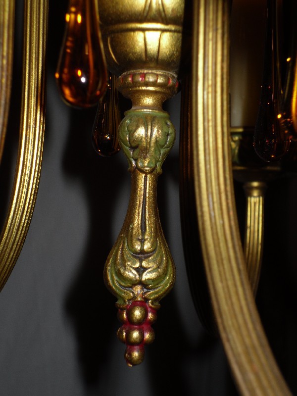 SOLD Adorable Antique Brass Chandelier, Polychrome Finish, Amber Prisms-12658
