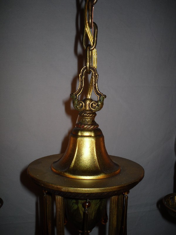 SOLD Adorable Antique Brass Chandelier, Polychrome Finish, Amber Prisms-12659