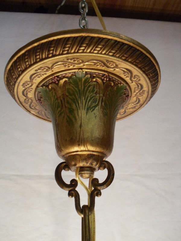 SOLD Adorable Antique Brass Chandelier, Polychrome Finish, Amber Prisms-12662