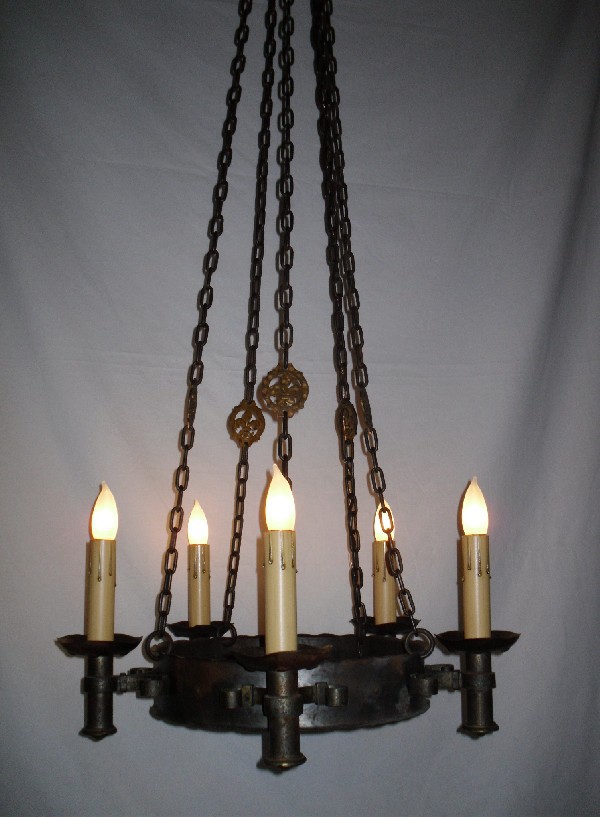 SOLD Fabulous Gothic Revival Antique Hand-forged Iron Chandelier, Fleur-de-lis #1-12695
