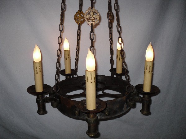 SOLD Fabulous Gothic Revival Antique Hand-forged Iron Chandelier, Fleur-de-lis #1-12697