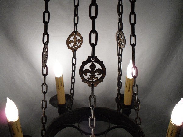 SOLD Fabulous Gothic Revival Antique Hand-forged Iron Chandelier, Fleur-de-lis #1-12700