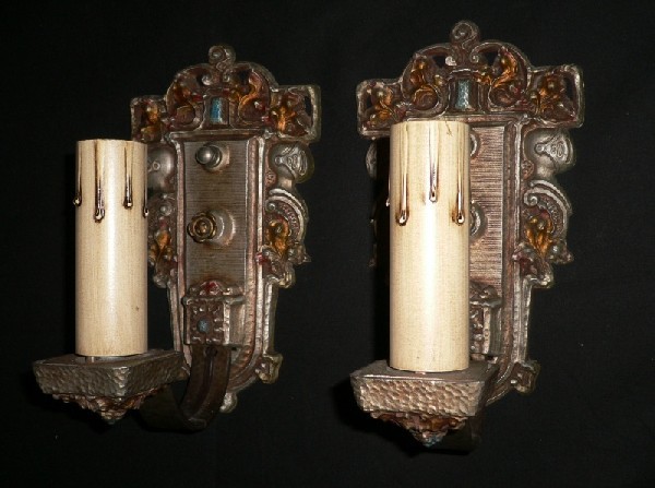 SOLD Gorgeous Pair of Riddle Co. Figural Gothic Revival Antique Sconces, See two matching chandeliers-0