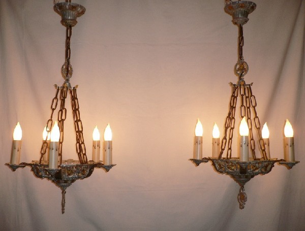 SOLD Pair of Matching Antique 1920’s Riddle Co. Five Light Gothic Revival Chandeliers-0