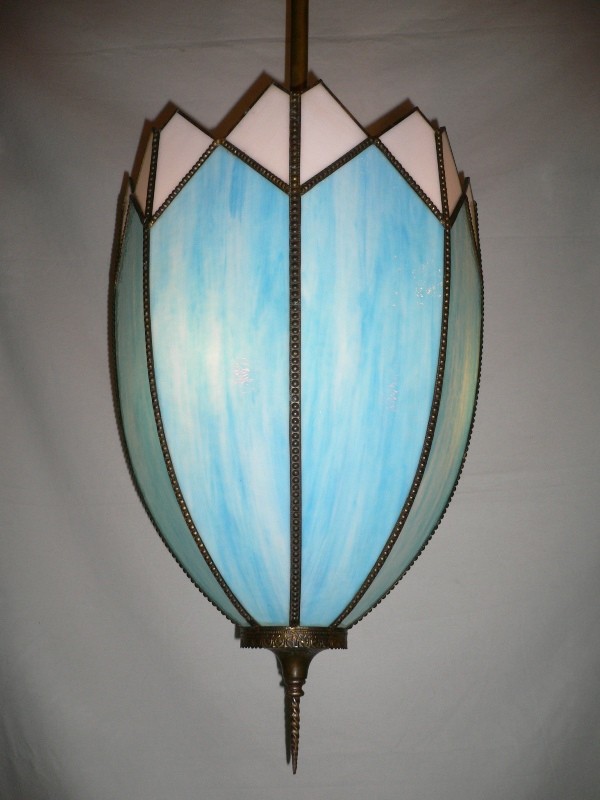 SOLD Unique Early 1900’s Antique Three Light Brass and Glass Large Pendant Chandelier-13043