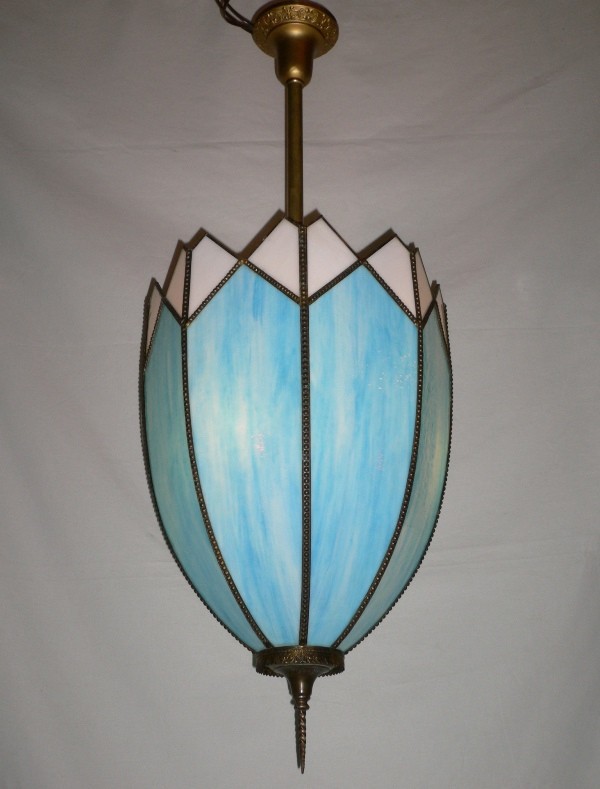 SOLD Unique Early 1900’s Antique Three Light Brass and Glass Large Pendant Chandelier-13044