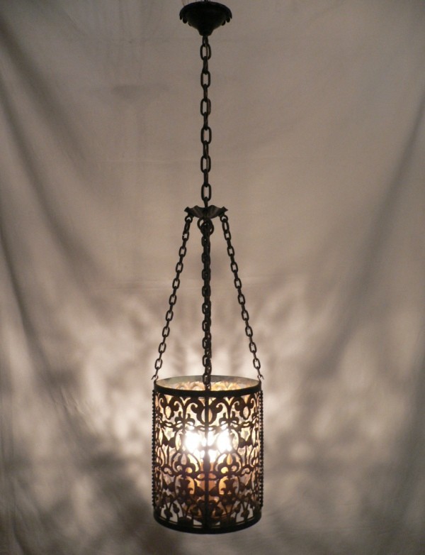 SOLD Gorgeous Early 1900’s Antique Three Light Pierced Iron Pendant Chandelier-13051