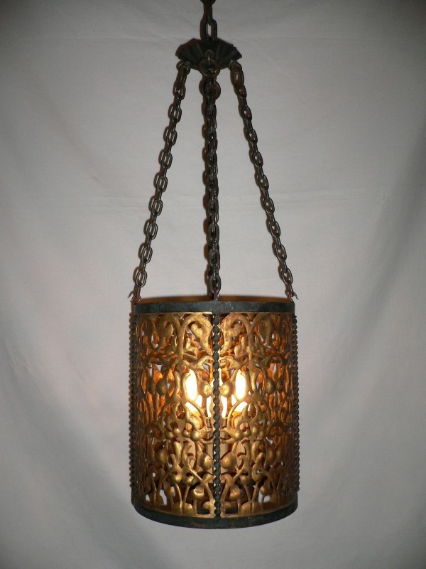 SOLD Gorgeous Early 1900’s Antique Three Light Pierced Iron Pendant Chandelier-13053