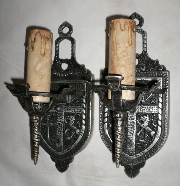 SOLD Stately 1930’s Figural Pair of Antique Gothic Revival Sconces, Made by Toledo Co.-0