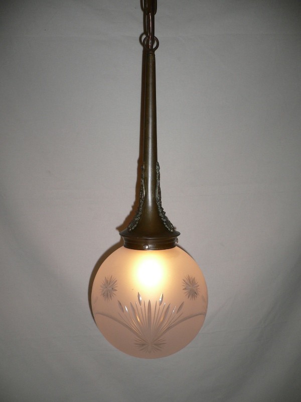SOLD Glittering Early 1900’s Antique Brass Pendant Chandelier, Original Hand-cut Crystal Ball Shade-0