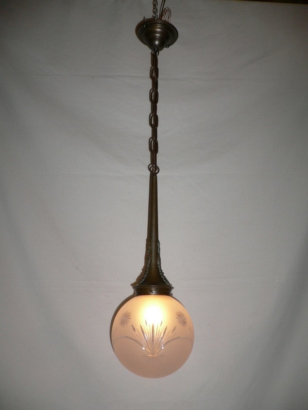 SOLD Glittering Early 1900’s Antique Brass Pendant Chandelier, Original Hand-cut Crystal Ball Shade-13073