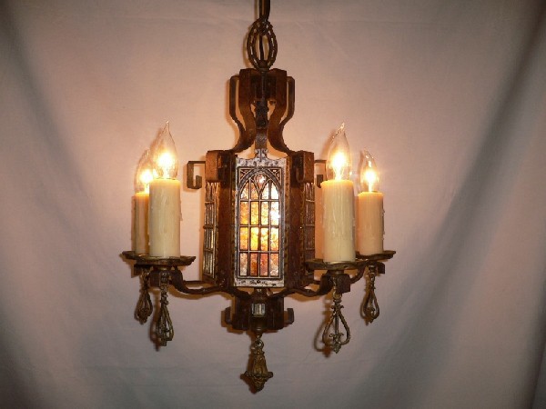 SOLD Unusual Six Light Iron and Mica Antique Gothic Revival Chandelier-0