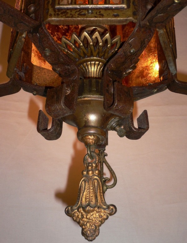 SOLD Unusual Six Light Iron and Mica Antique Gothic Revival Chandelier-13125