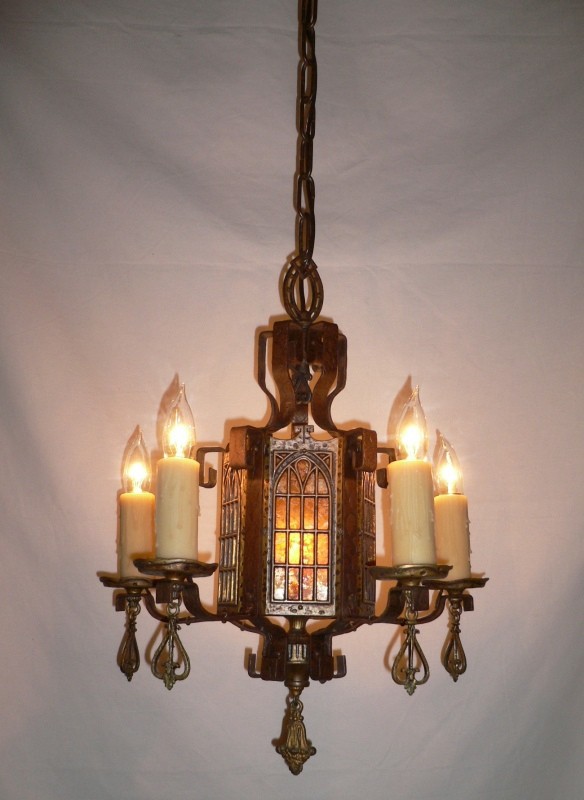 SOLD Unusual Six Light Iron and Mica Antique Gothic Revival Chandelier-13126