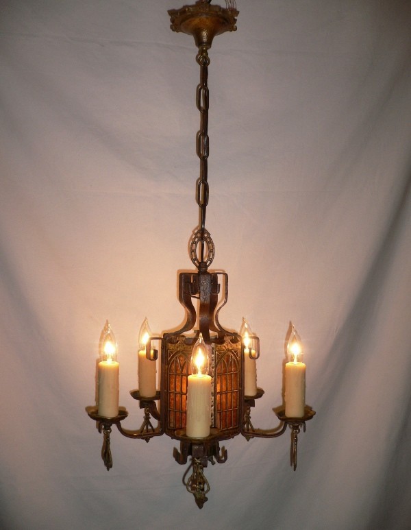 SOLD Unusual Six Light Iron and Mica Antique Gothic Revival Chandelier-13127