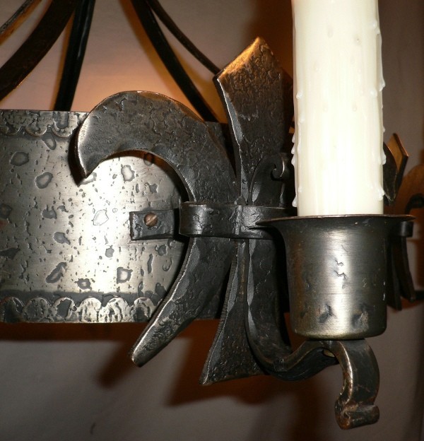 SOLD Large Five Light Iron Antique French Chandelier with Grand Fleur-de-lis Accents-13131