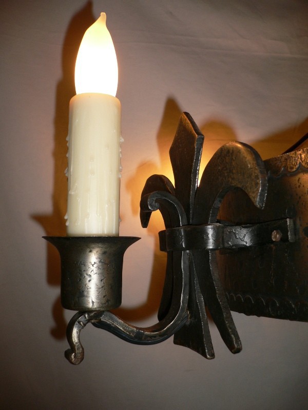 SOLD Large Five Light Iron Antique French Chandelier with Grand Fleur-de-lis Accents-13132