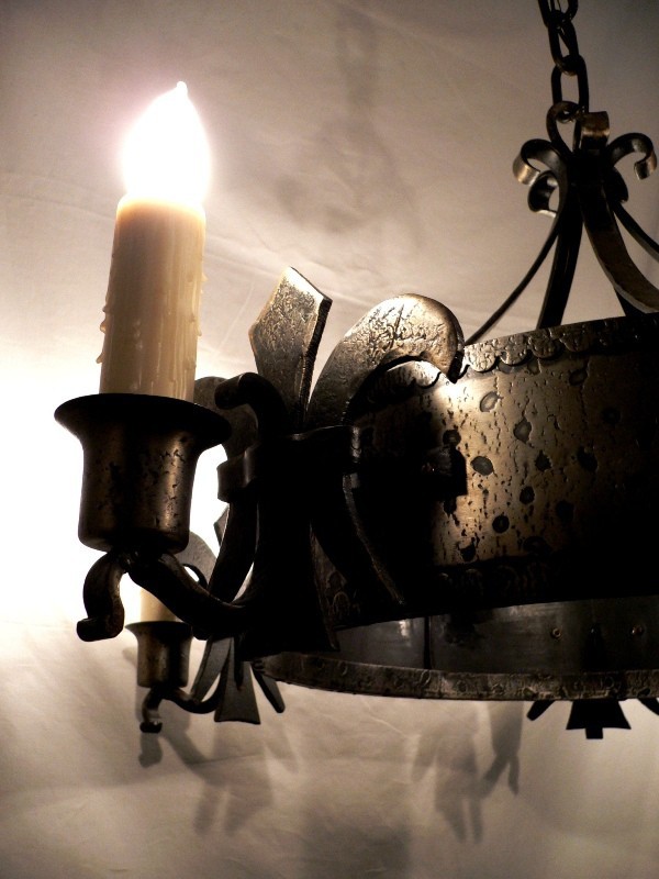 SOLD Large Five Light Iron Antique French Chandelier with Grand Fleur-de-lis Accents-13133