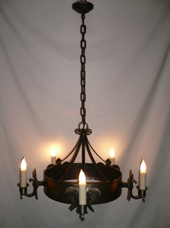 SOLD Large Five Light Iron Antique French Chandelier with Grand Fleur-de-lis Accents-13136