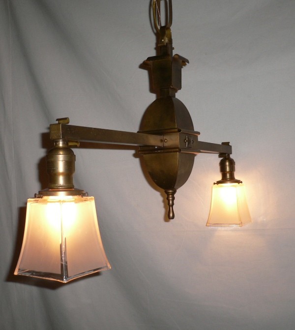 SOLD Antique Mission Two Arm Ceiling Light In Satin Brass-13142