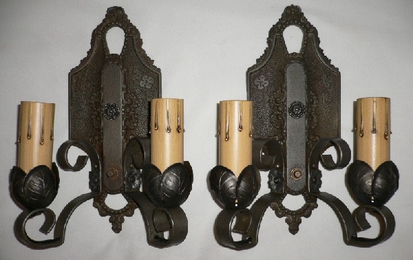 SOLD Stunning Floral Pair of Double Arm Antique Spanish Revival Sconces, Made by Lincoln Co.-0