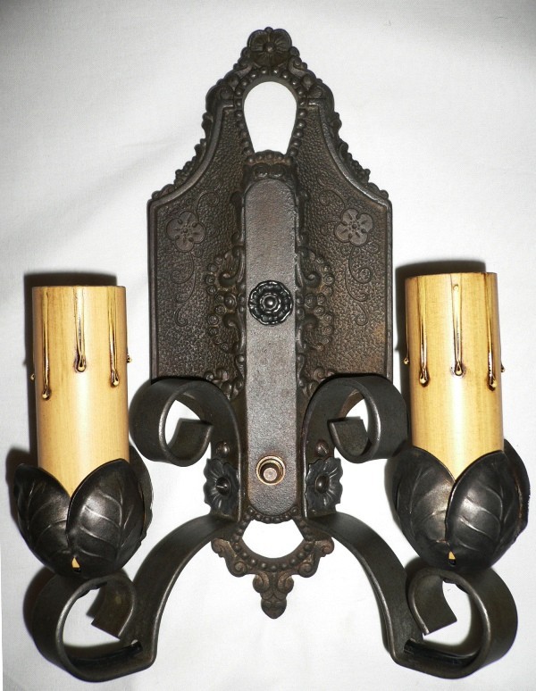 SOLD Stunning Floral Pair of Double Arm Antique Spanish Revival Sconces, Made by Lincoln Co.-13146