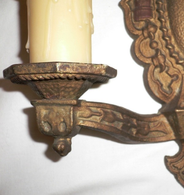 SOLD Set of Four Matching Early 1920s Cast Iron Double Arm Gothic Revival Sconces, Castle Details-13291