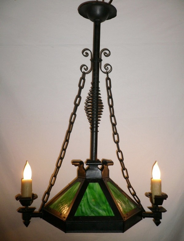 SOLD Remarkable Antique Iron Chandelier with Green Slag Glass, c. Late 1800s-0