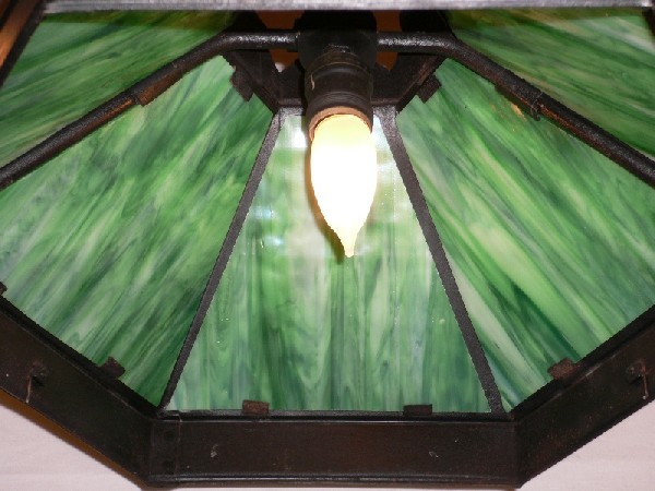 SOLD Remarkable Antique Iron Chandelier with Green Slag Glass, c. Late 1800s-13444