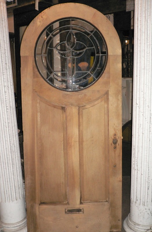 SOLD Antique Arched English Tudor Heart Pine Door, c. 1920s, Round Glass-13888