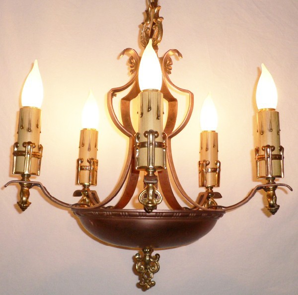 SOLD Extraordinary Antique Five-Light Gold Plated and Copper Chandelier-0