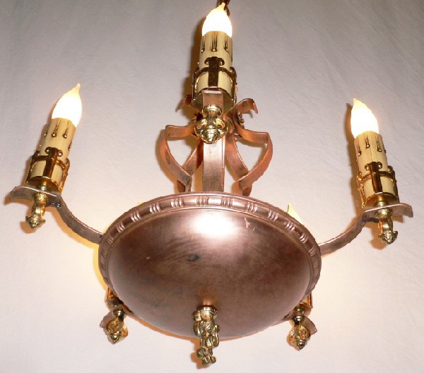 SOLD Extraordinary Antique Five-Light Gold Plated and Copper Chandelier-13925