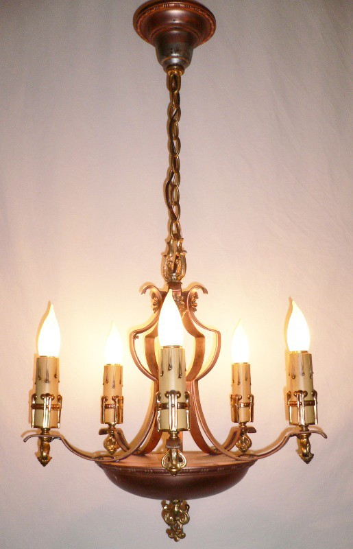 SOLD Extraordinary Antique Five-Light Gold Plated and Copper Chandelier-13927