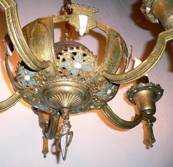 SOLD Gorgeous Antique Cast Brass Chandelier with Original Polychrome Finish-14013