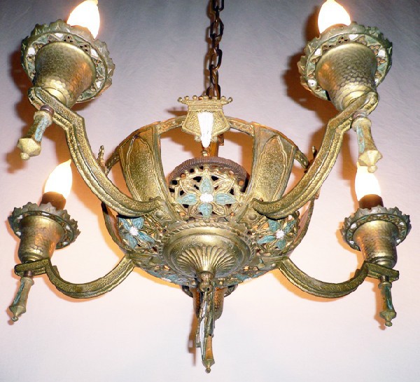 SOLD Gorgeous Antique Cast Brass Chandelier with Original Polychrome Finish-14016